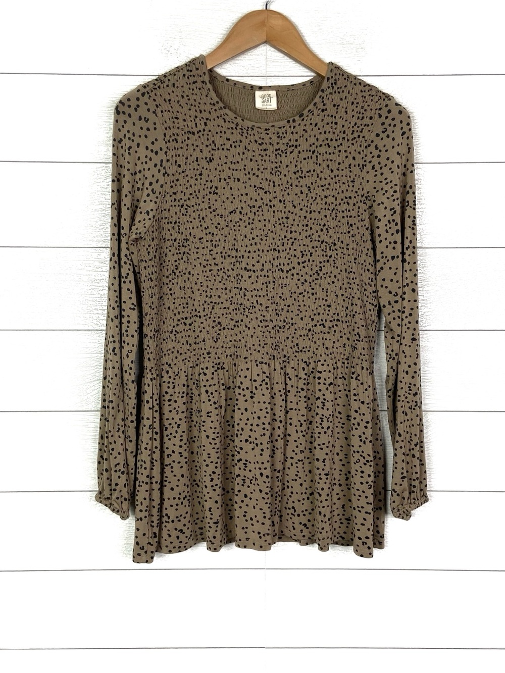 Matilda Jane Good Hart City Limits Knit Top Brown Dots Smocked Long Sleeve Large